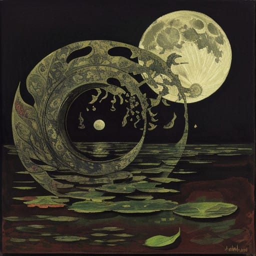 Surreal Moonlit Landscape with Pressed Leaves