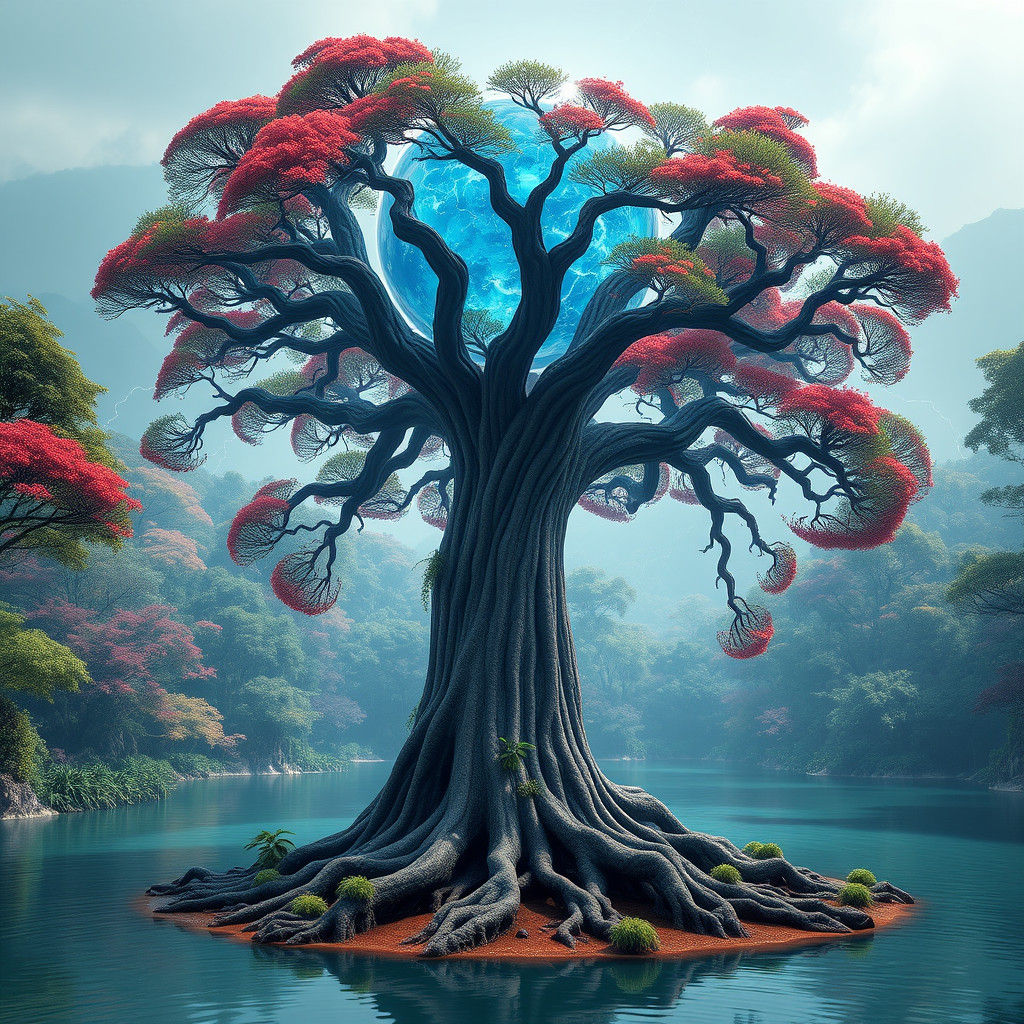 Majestic Tree with Luminous Orb in Lake