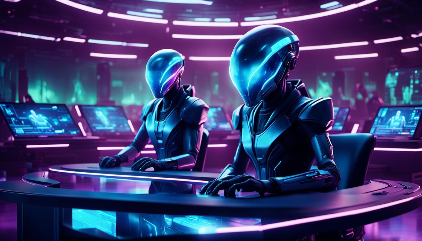 Cyberpunk Alien Newsroom Broadcasts Galactic Events