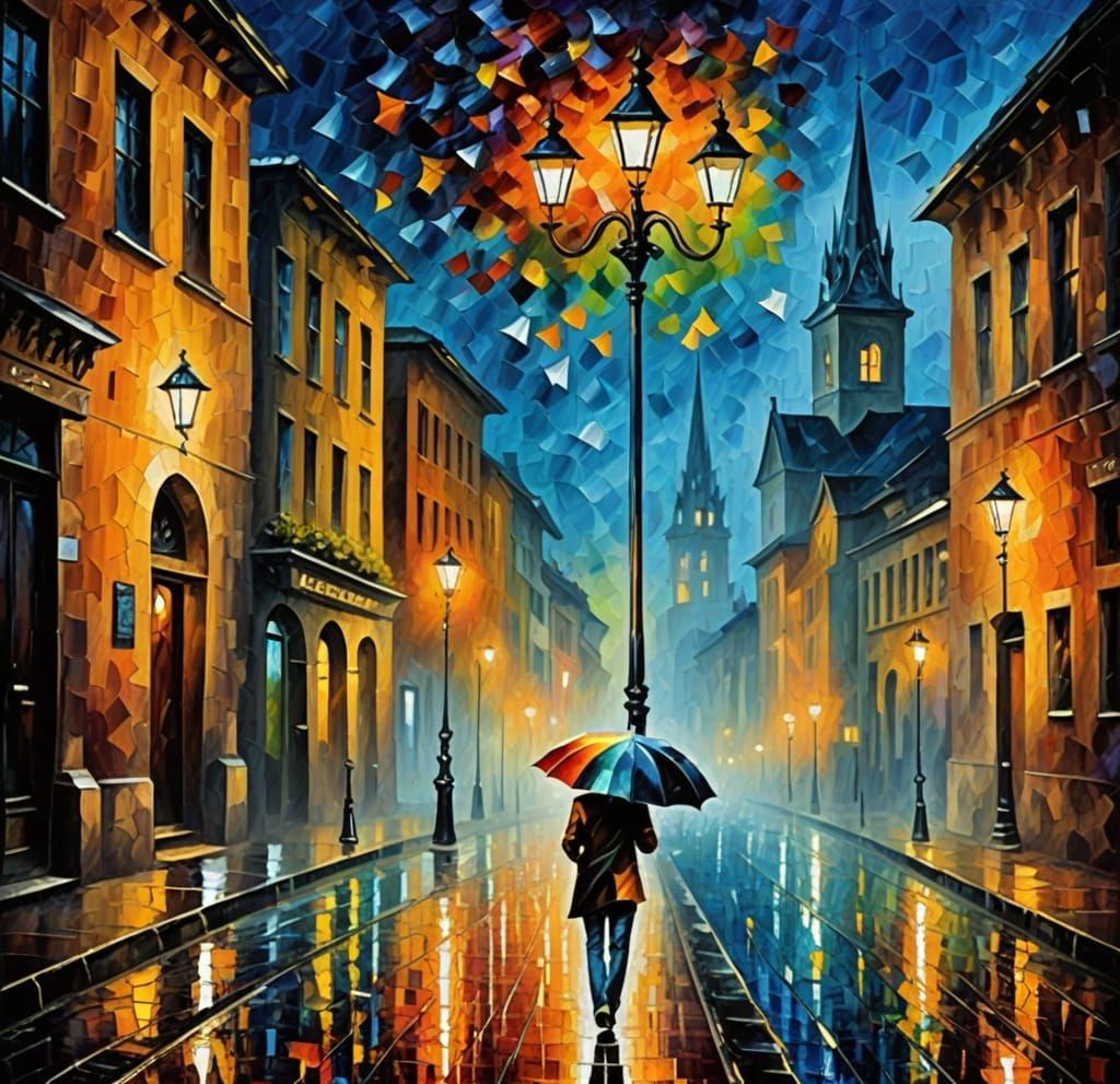 Impasto Nighttime Street Scene with Rainy Figure