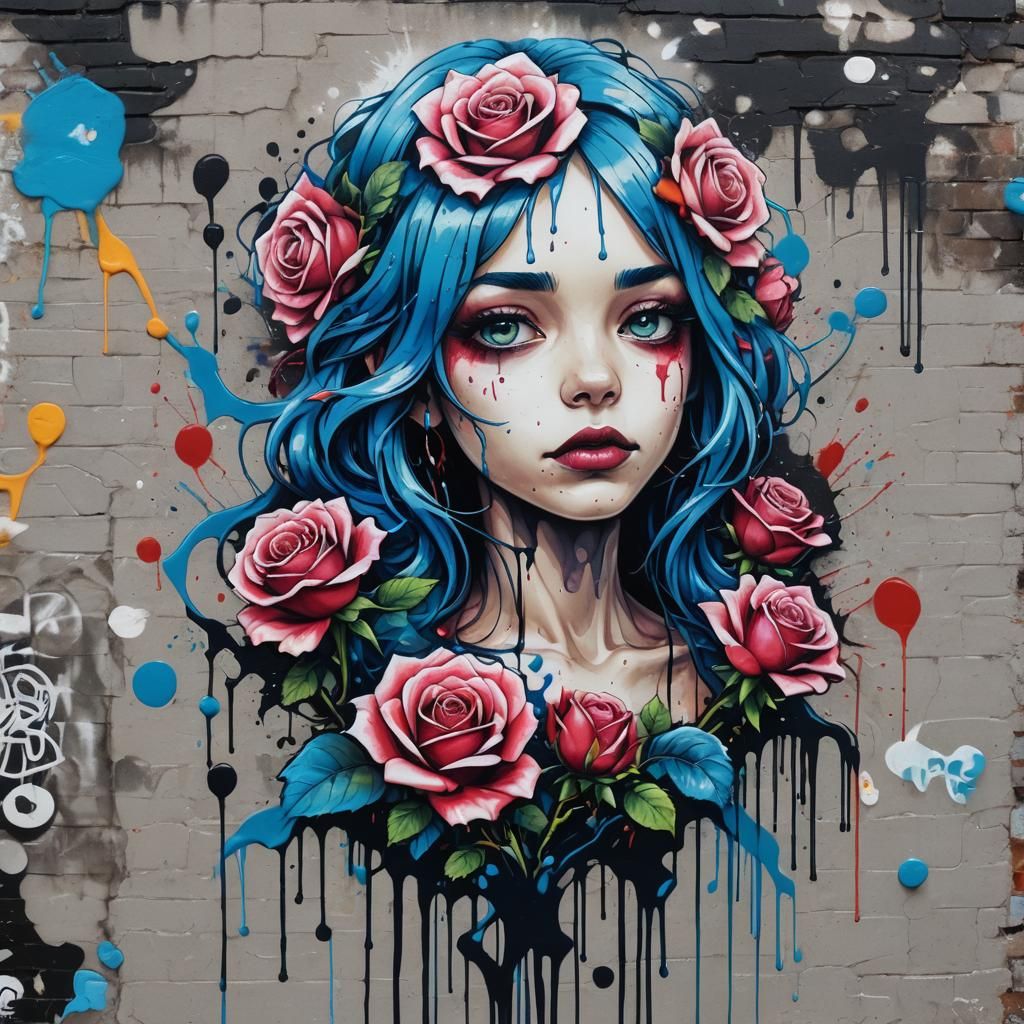Blue Haired Rose in Graffiti Splash Art Style