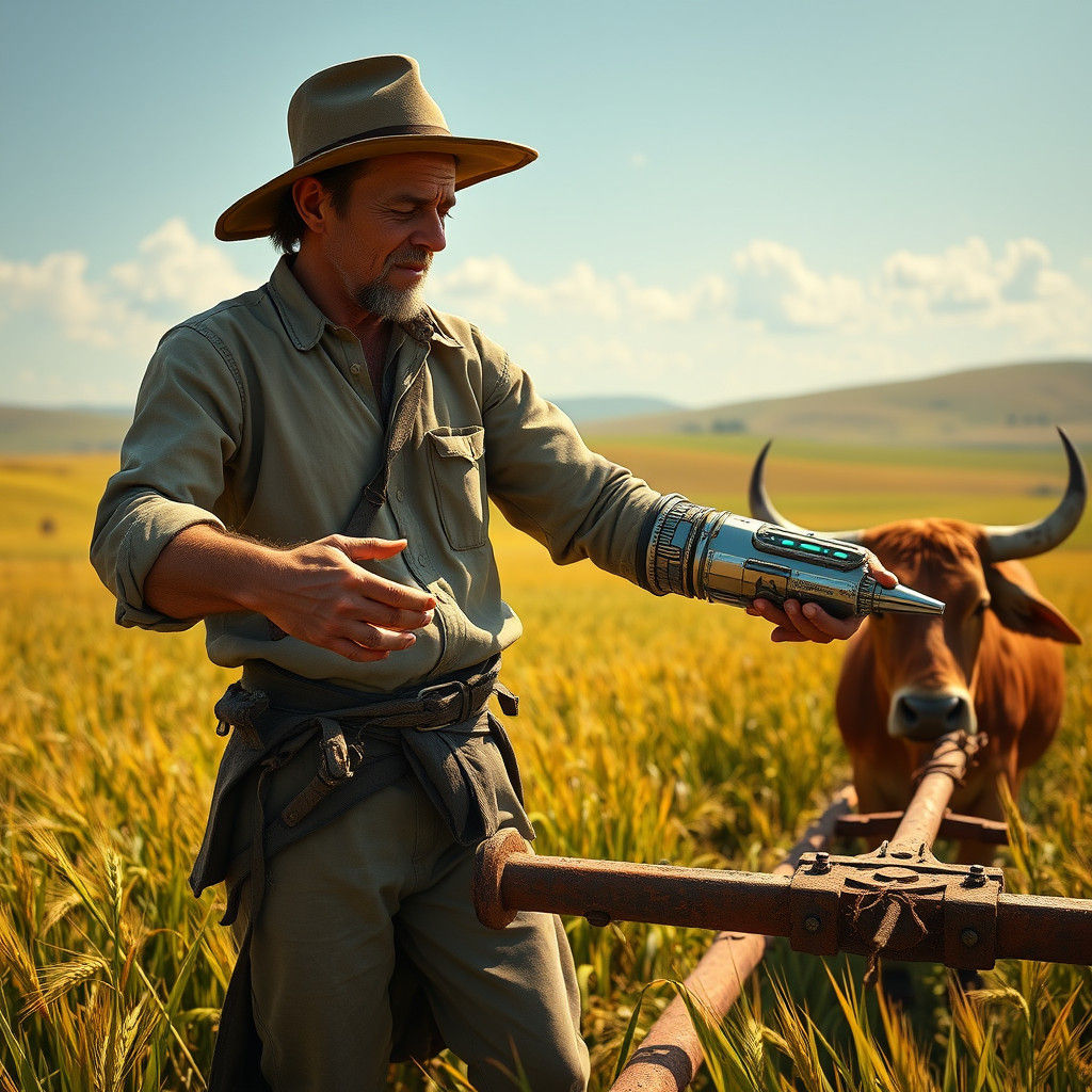 Ox-Drawn Plow and Cyberpunk Arm Device