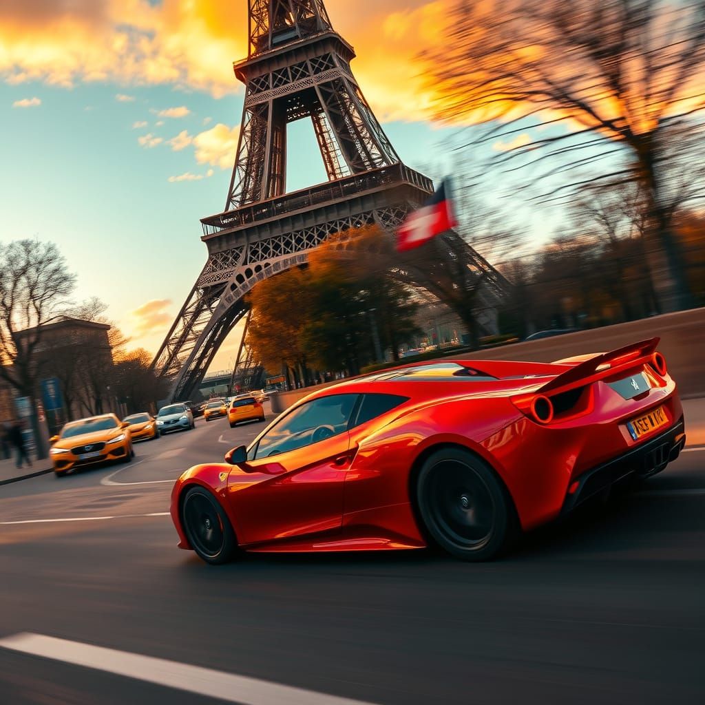 Cherry-Red Sports Car Speeds Down Champs-Élysées with Eiffel...