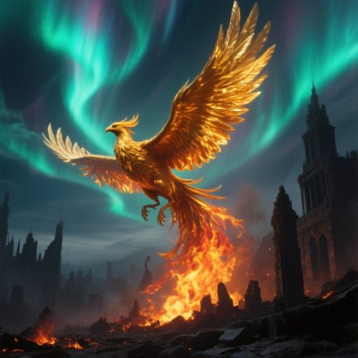 Majestic Phoenix Rises From Obsidian City in Aurora Sky