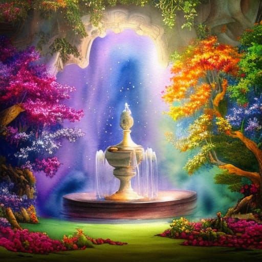 Magical Fountain Reflecting Another World, Watercolour Style
