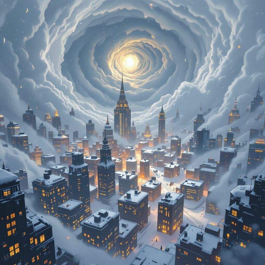 Cityscape Under a Swirling Blizzard With Eye of the Storm