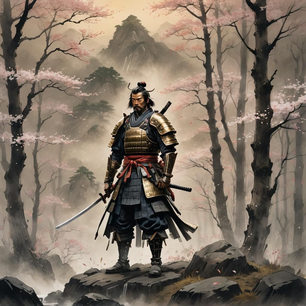 Samurai in Misty Forest: Japanese Ink Painting