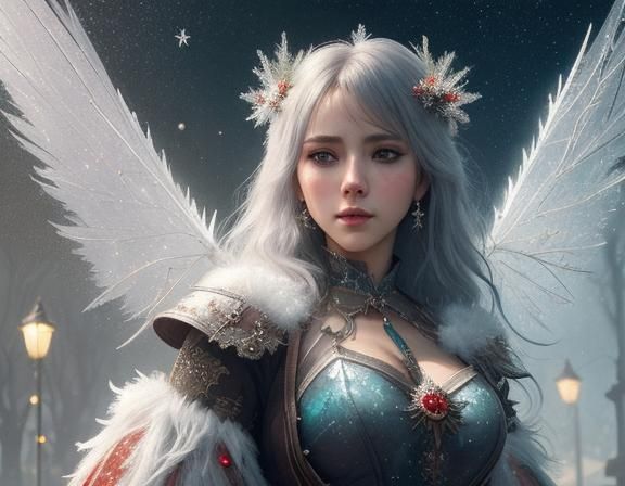 Fantasy Girl with Sparkling Snowflakes in Ornate Detail