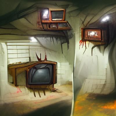 Creepy Televisions in Derelict Basement Concept Art