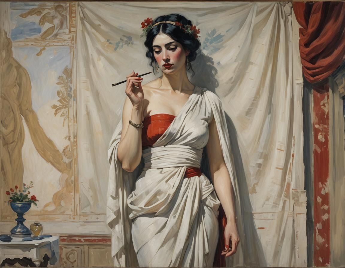 Greek Woman Smoking: An Impressionist Oil Painting