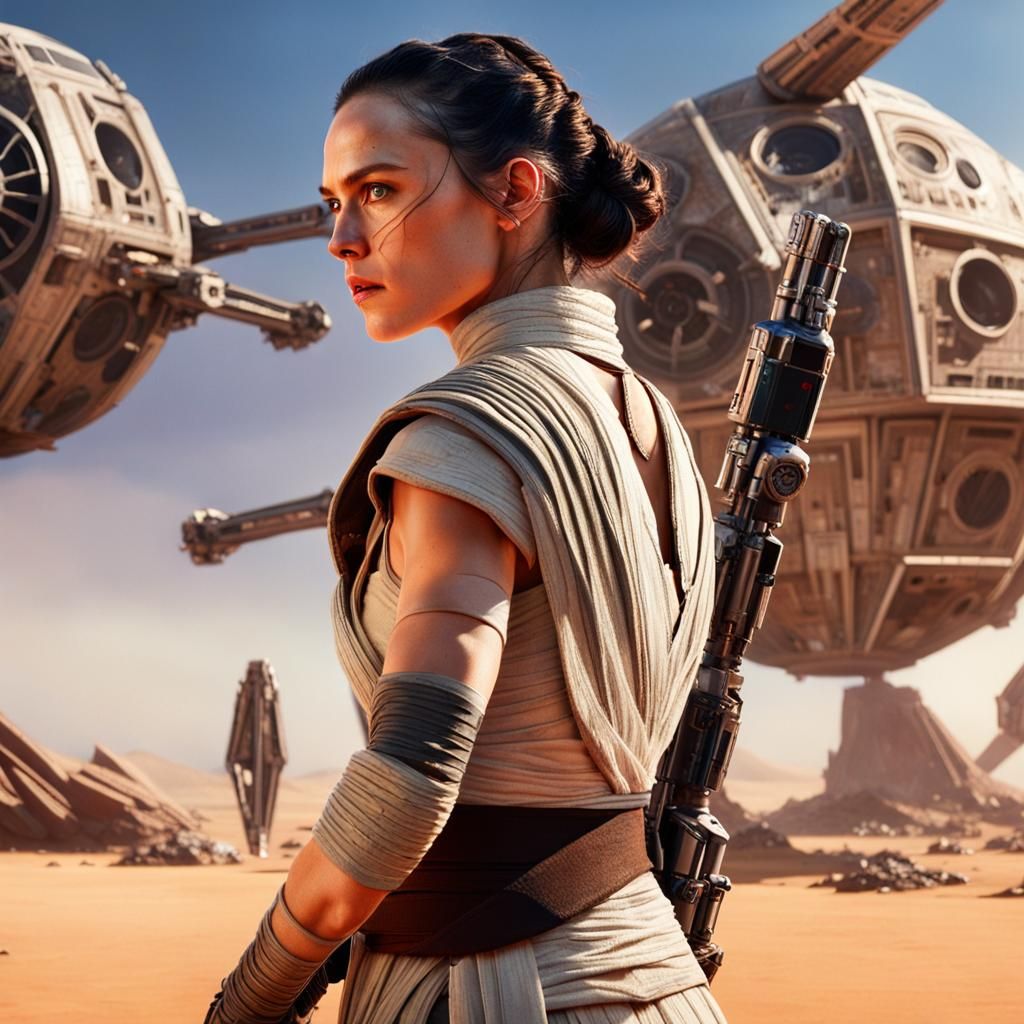 Rey in Desert World with Moons: Hyperrealistic Close-Up