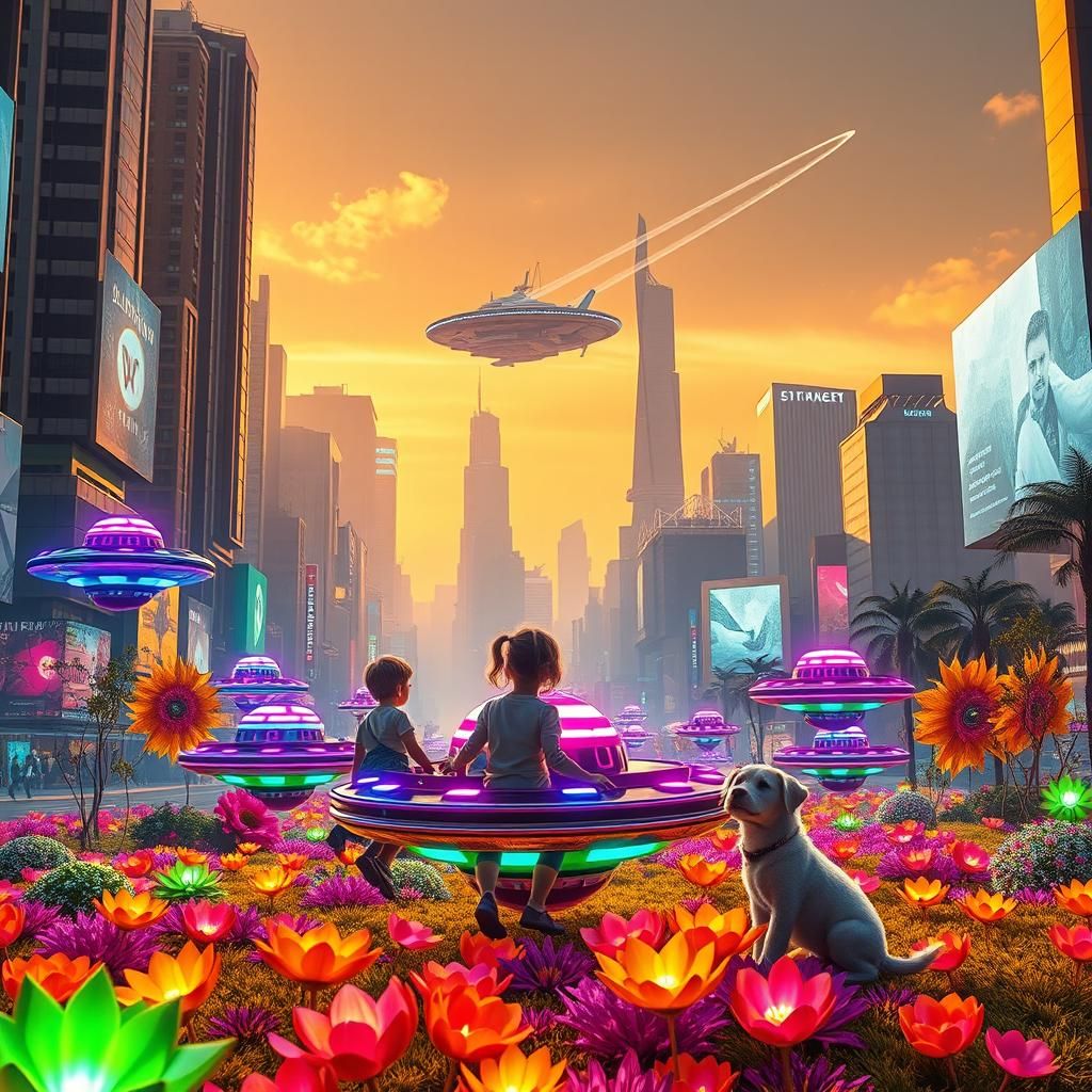 Futuristic City Park: Children Playing with UFOs