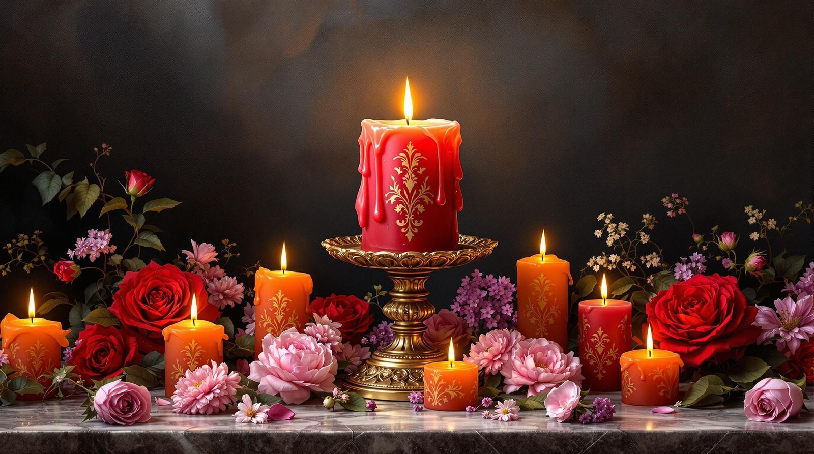 Opulent Red Candle Still Life in Pre-Raphaelite Style