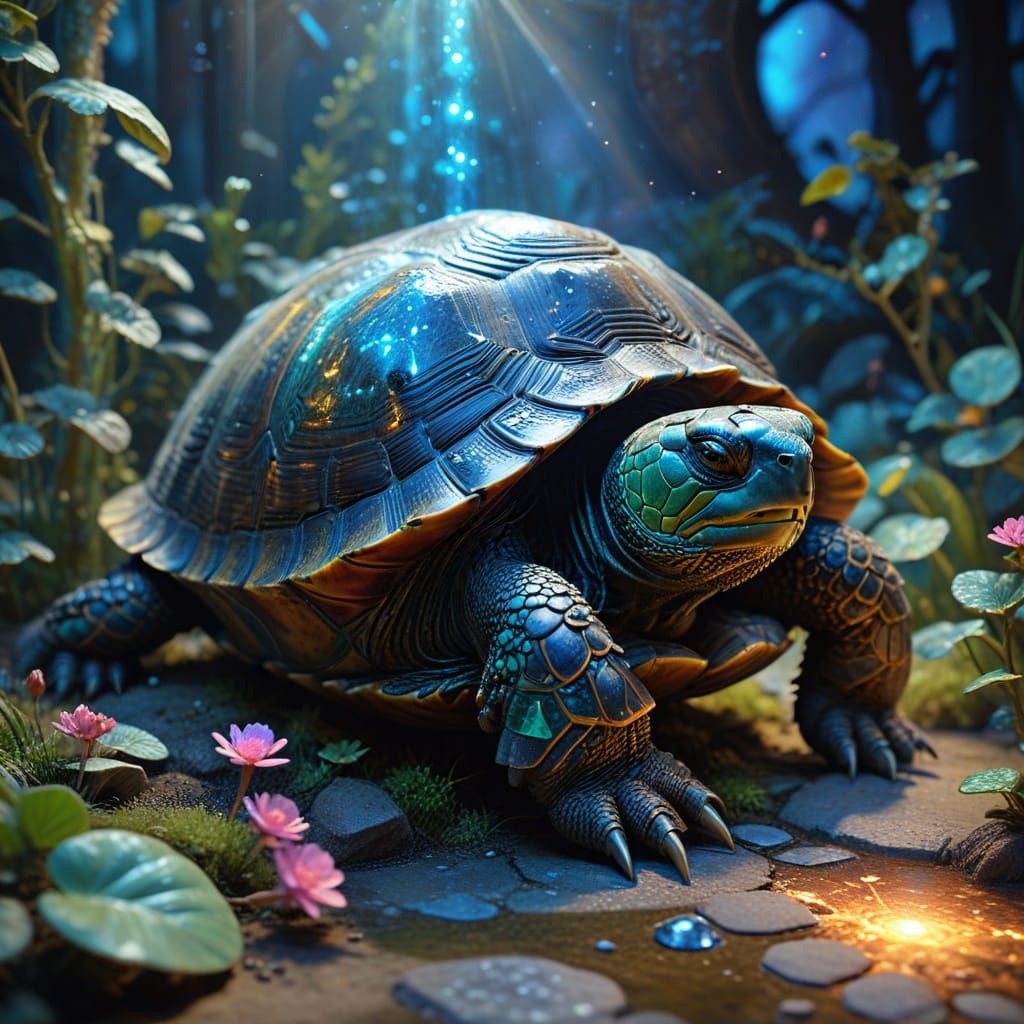 Wise Tortoise Meditating in Bioluminescent Zen Garden