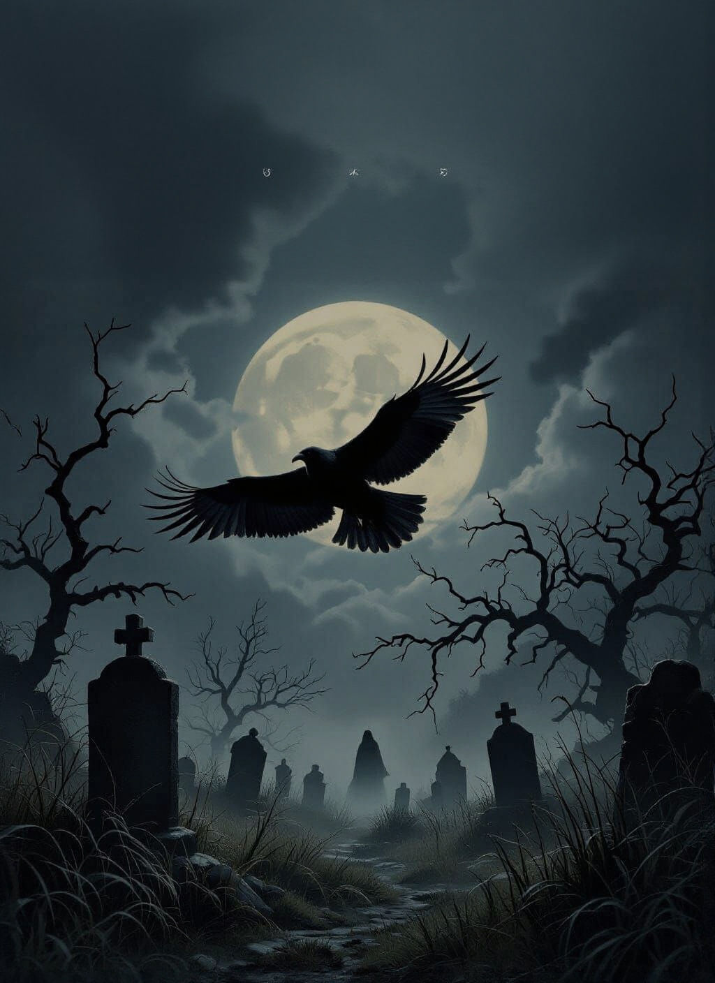 Raven in Graveyard Under Full Moon, Detailed Matte Painting