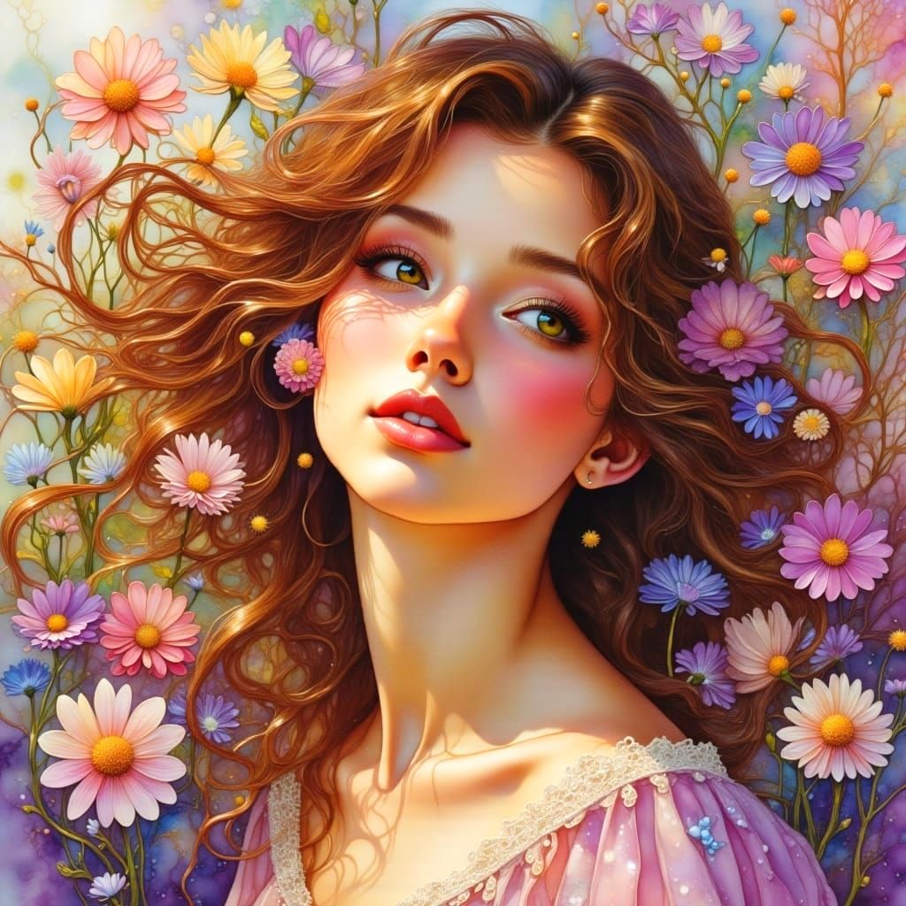 Ethereal Woman with Flower in Hair, Art Nouveau Style