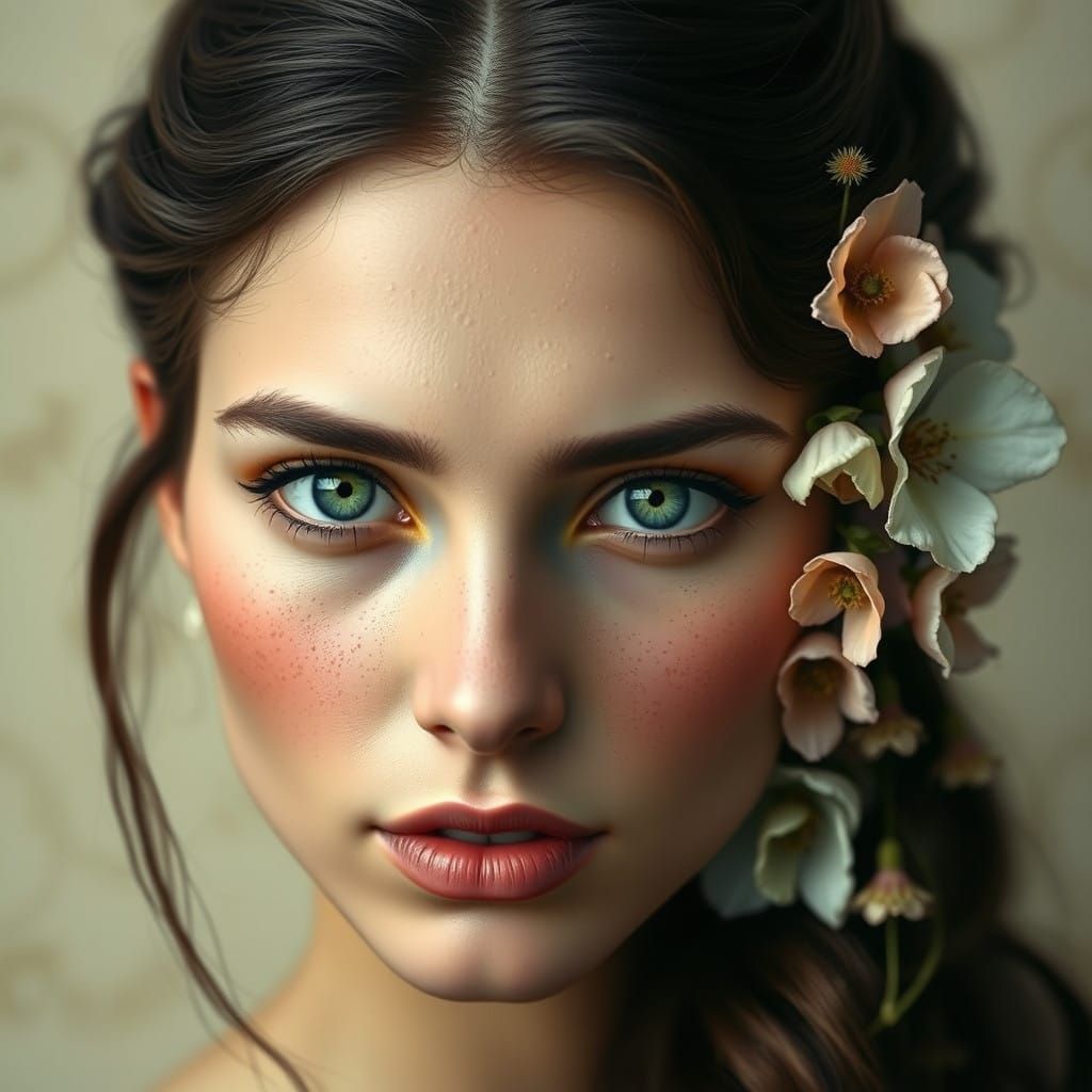 Ethereal Woman with Flowers in Her Hair, in Pre-Raphaelite S...