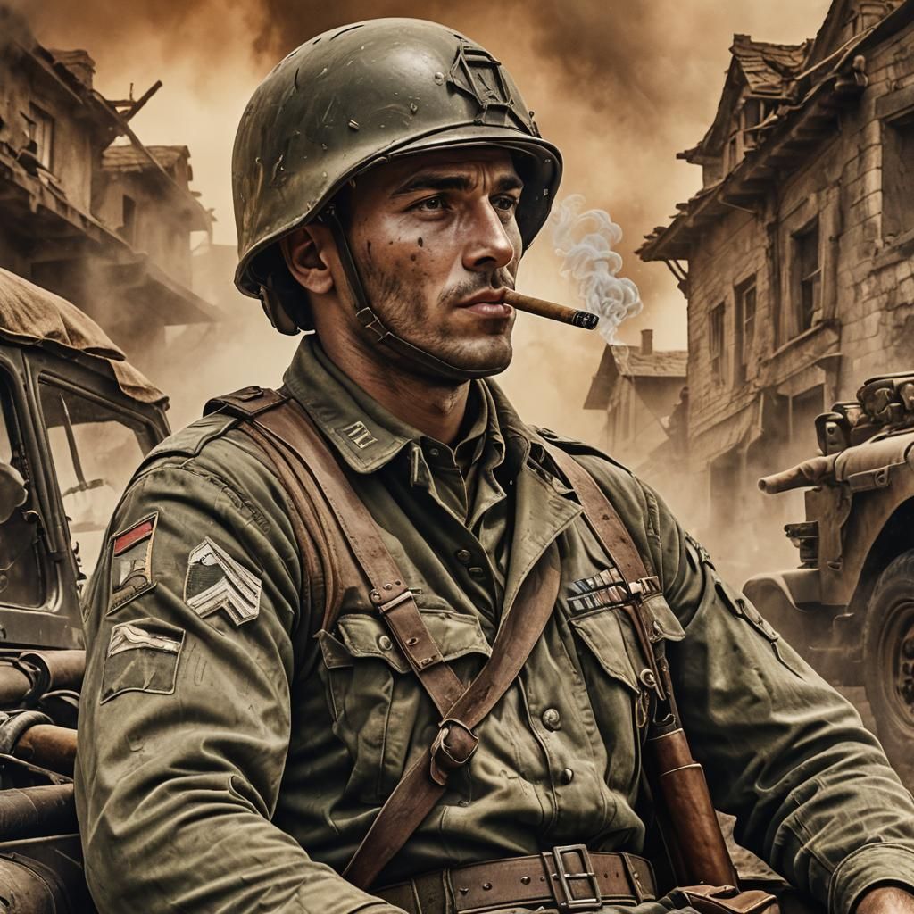 WWII Army Captain Smoking Cigar, Detailed Matte Painting