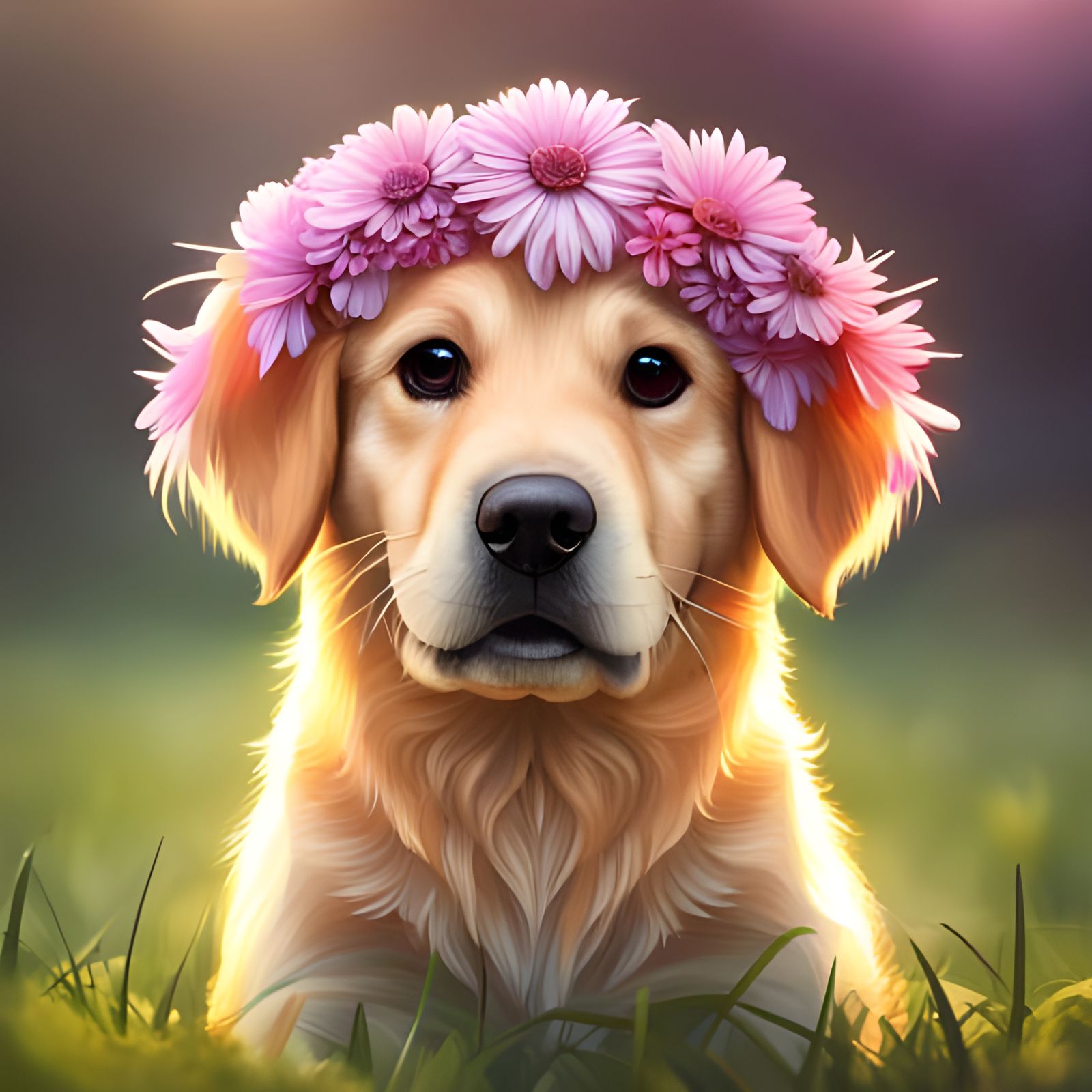 Golden Retriever Puppy with Flower Crown, Art Nouveau Style