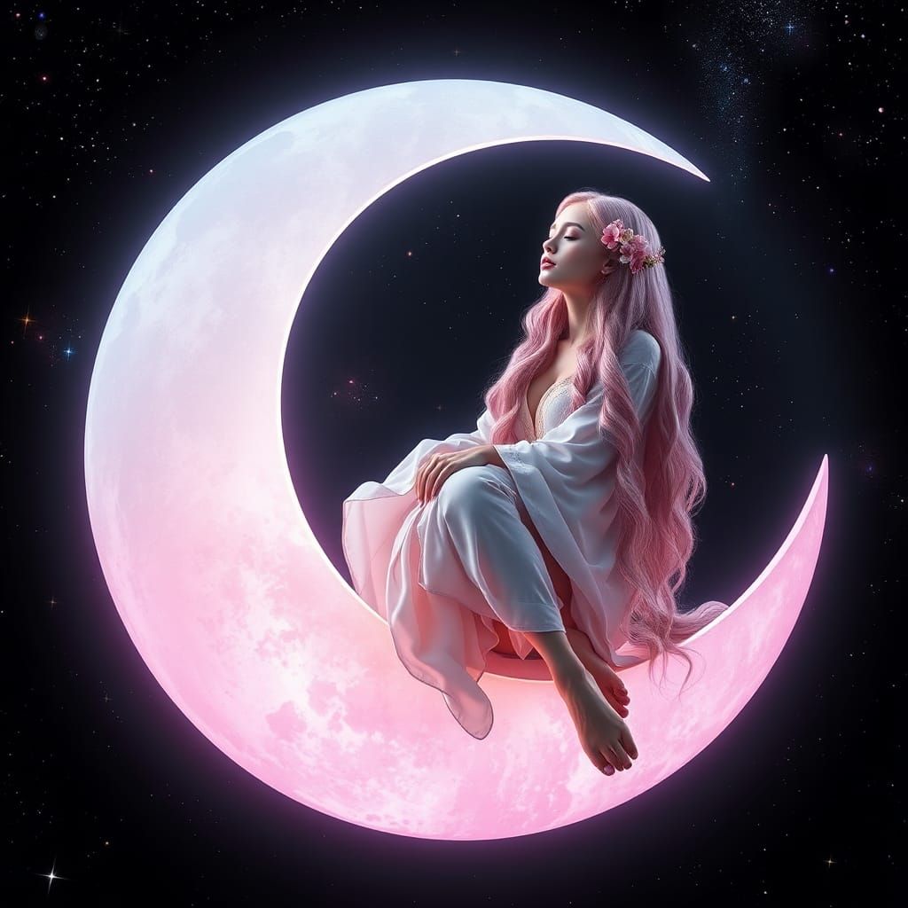 Woman on Pink Moon in Fantasy Realism Style