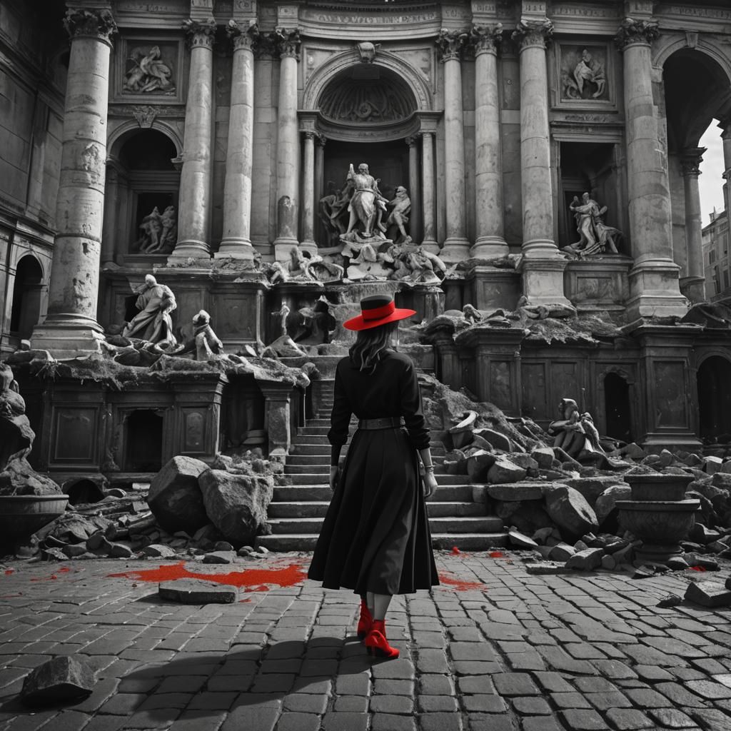 Woman in Black and White Rome with Vivid Red Accents