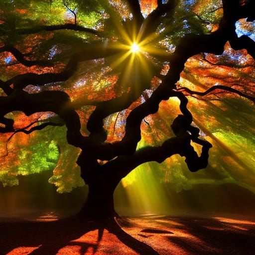 Rainbow Autumn Yggdrasil in Glass Art Style