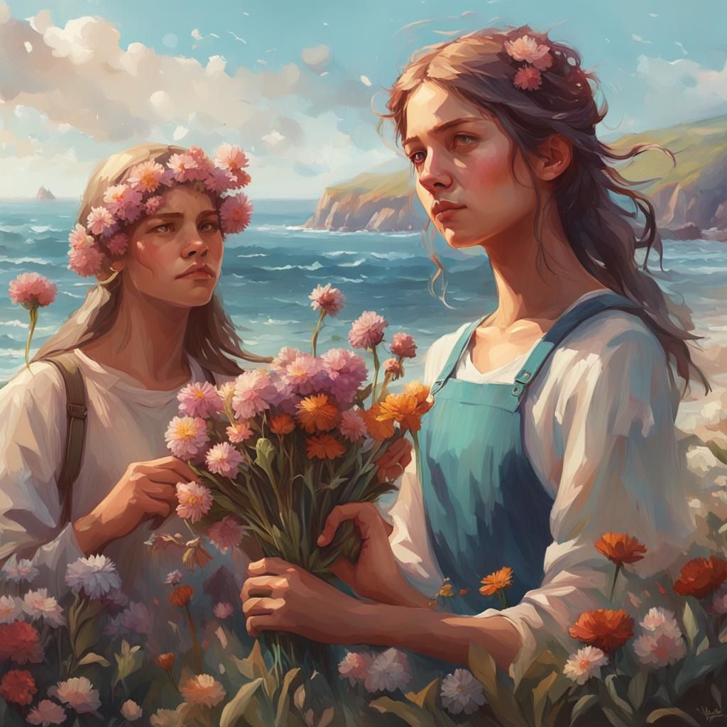 Girls Picking Flowers: Detailed Digital Art