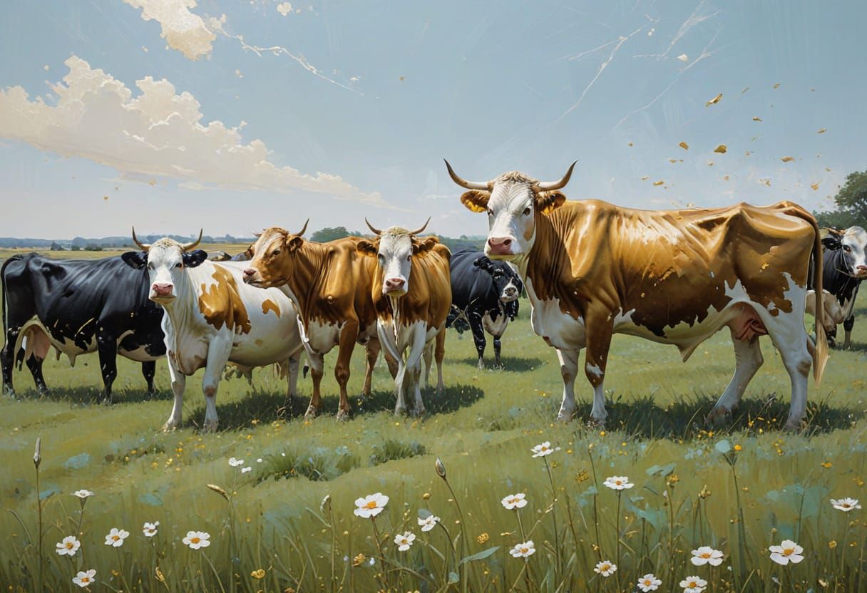(cows in a field:1.5), Bojan Jevtic and Ashley Wood, gold and white dominant, fragmented beauty of kintsugi mosaic with ...