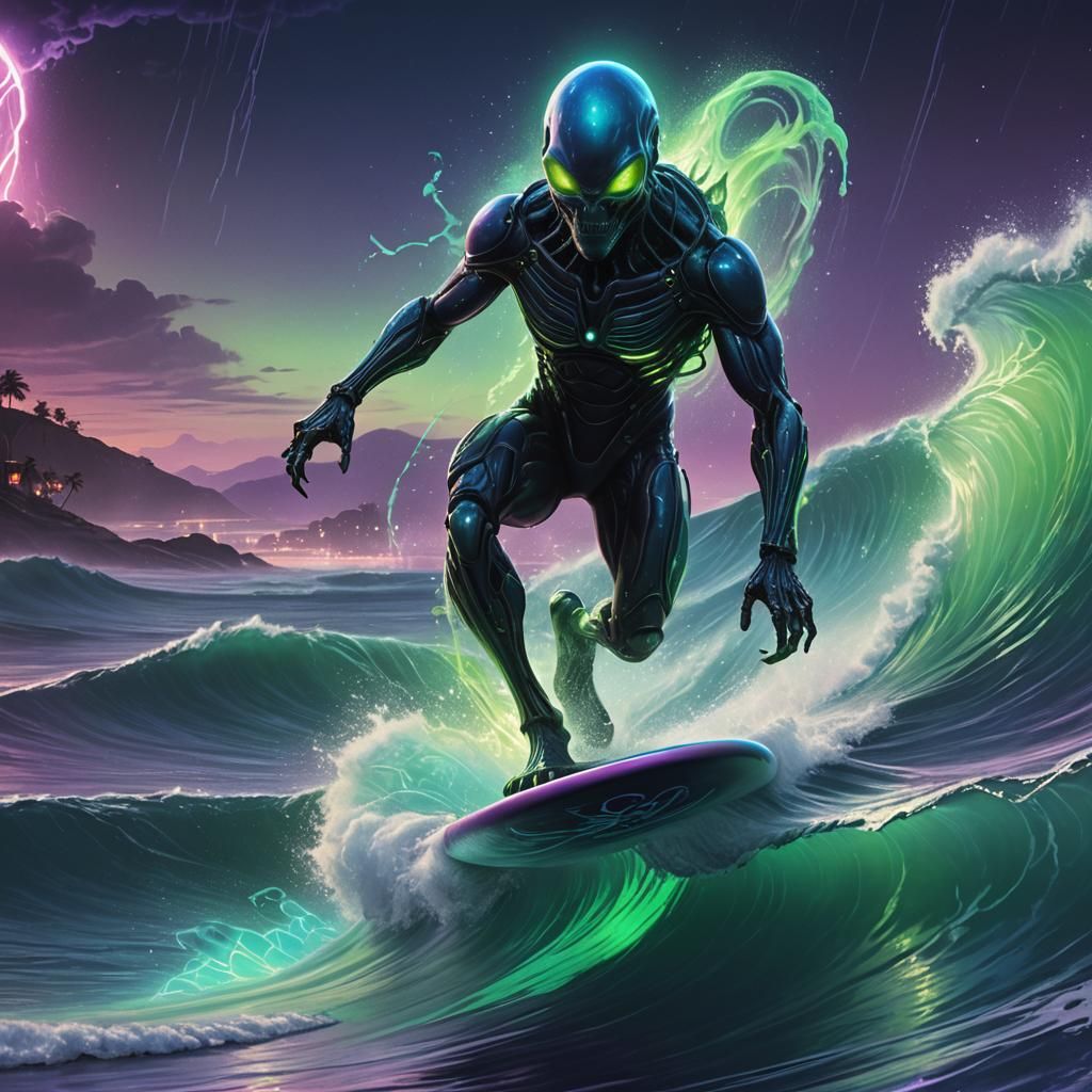 Alien Surfing a Bioluminescent Wave: Concept Art