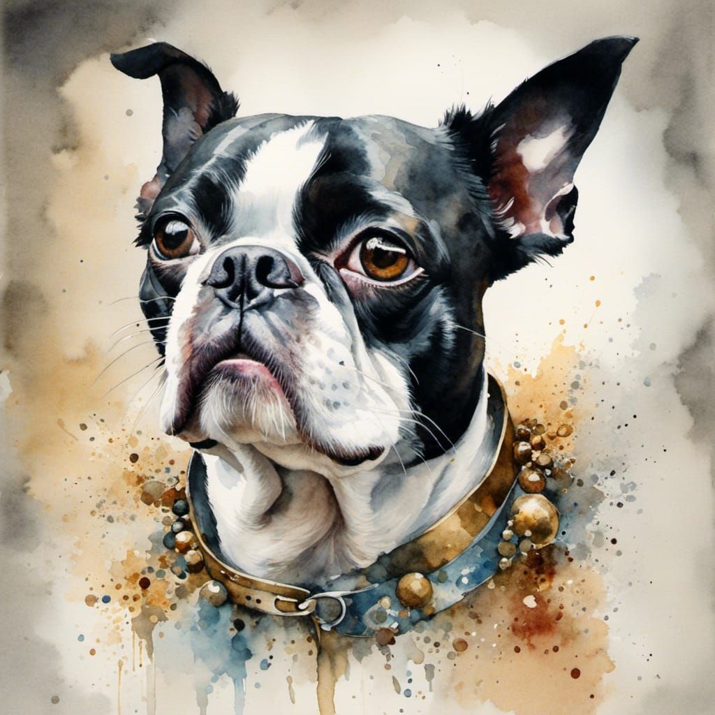 Watercolor Portrait of Boston Terrier Dog