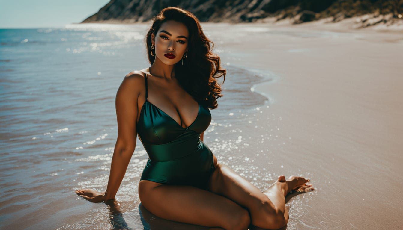 Eurasian Pinup Lounges on Beach in Vargas Oil Painting Style