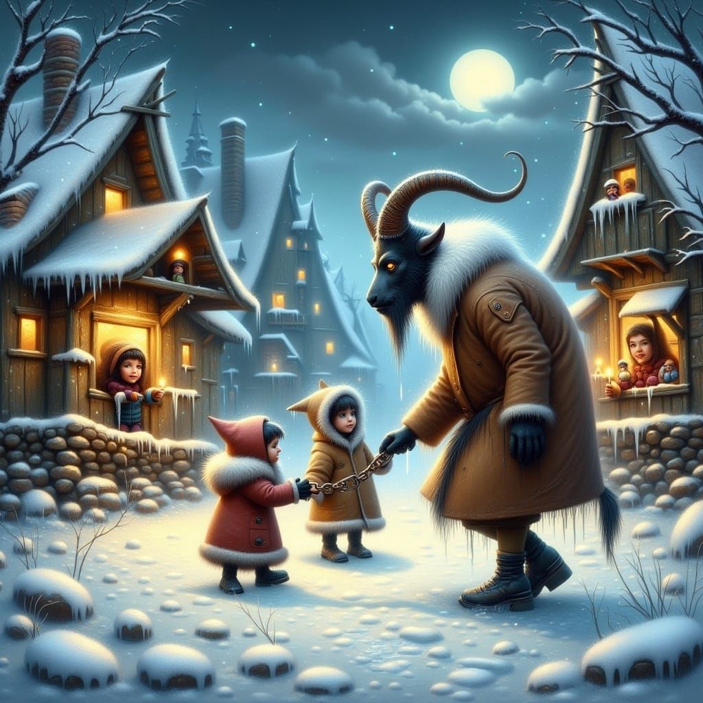 Krampus in Snowy Village, Painterly Style
