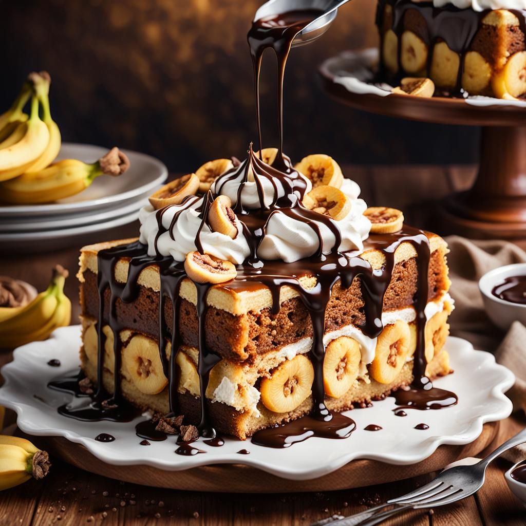 Moist Cake with Caramelized Bananas as Oil Painting