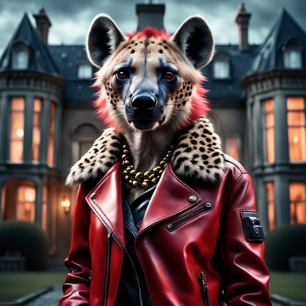 Anthropomorphic Hyena in Leather Jacket, Digital Matte Paint...