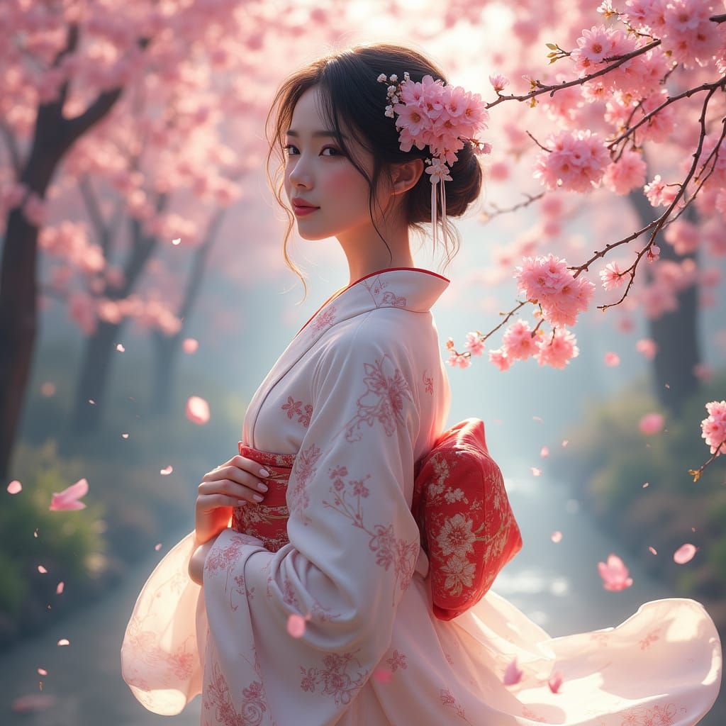 Anime-Inspired Woman in Japanese Garden with Cherry Blossoms