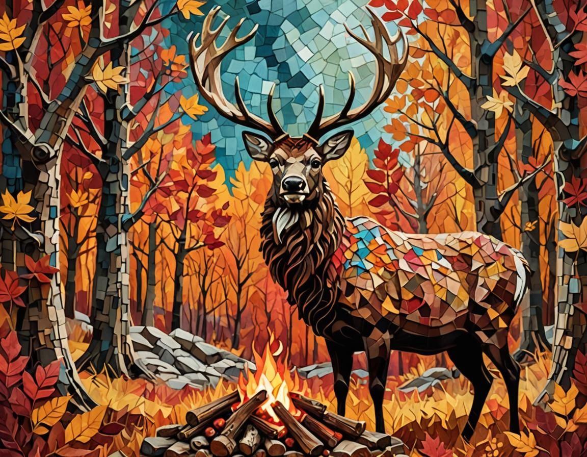 Autumn Stag in Paper Collage Forest Scene