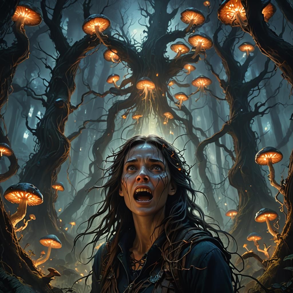 Terrified Woman in Dark Forest, Fantasy Concept Art