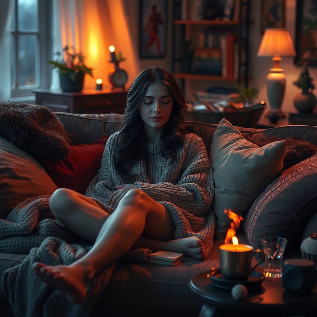 Cozy Woman Relaxing on Couch in Atmospheric Lighting