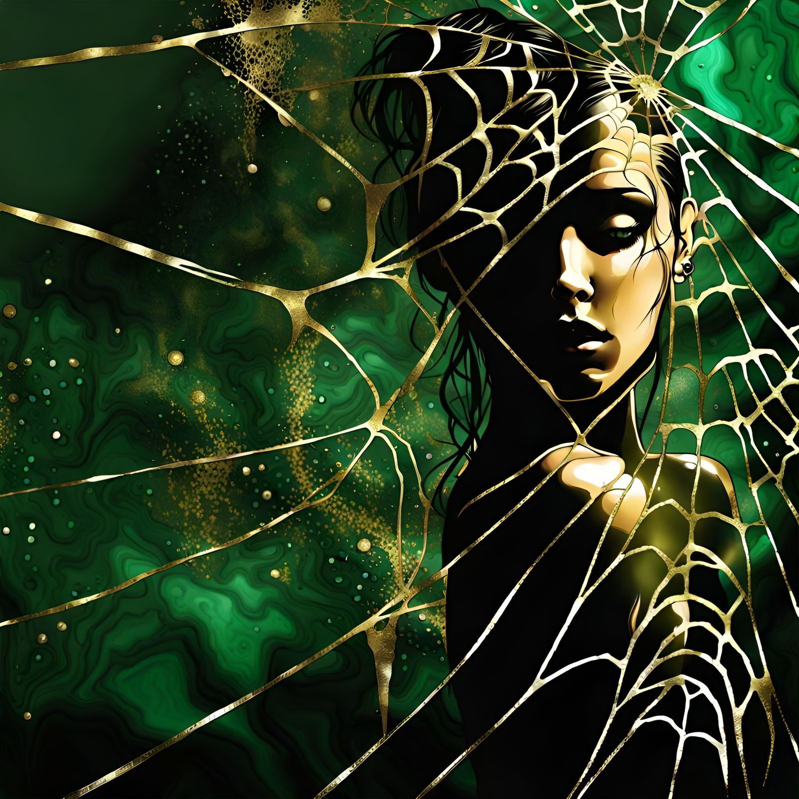 Gothic Girl in Spiderweb on Malachite and Gold