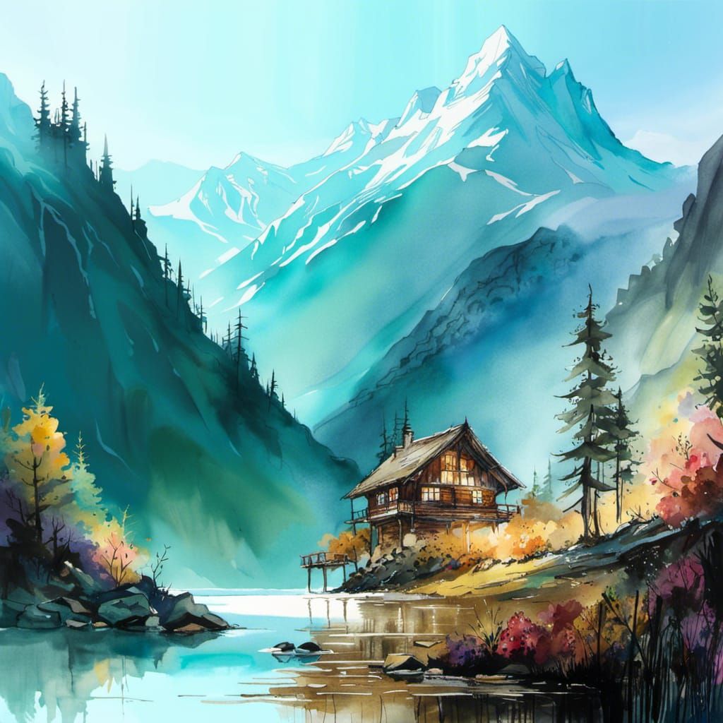 Dreamy Chalet by Lake: Watercolor Fantasy Art