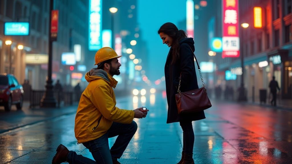 Romantic Proposal Under City Rain, Neon Lights, and Luxury