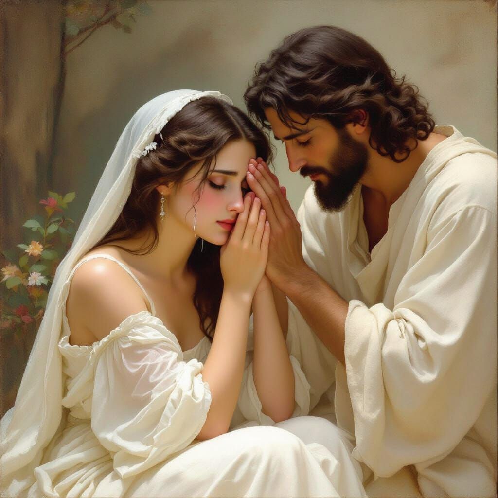 Compassionate God Comforts Crying Woman: Soft Lighting