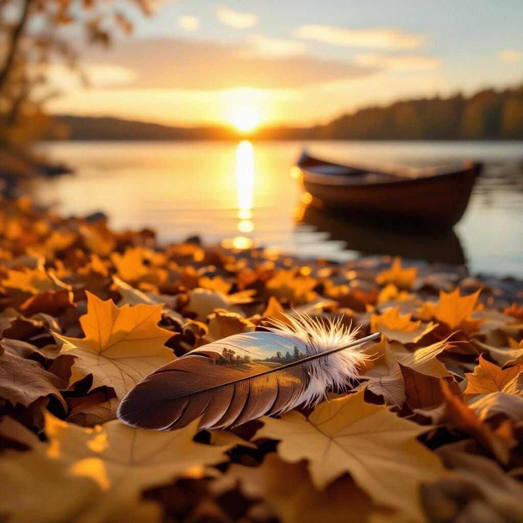 Feather with Autumn Painting on Fallen Leaves