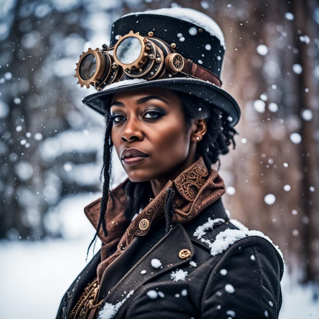 Steampunk Woman Portrait in Snow with Cogs