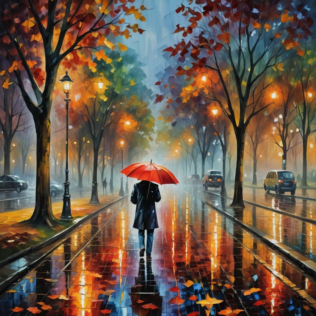 Rainy City Square in Impressionist Style