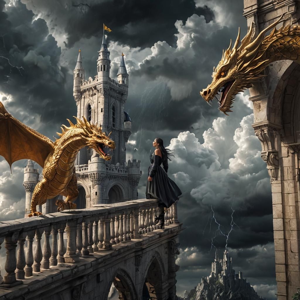 Floating Gothic Castle with Dragon, Digital Matte Painting