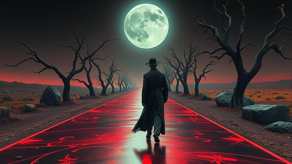 Surreal Journey: A Figure and Coffin in Desolation