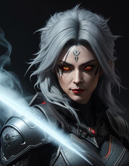 Cyberpunk Warrior with Owl Feathers in Dramatic Cityscape