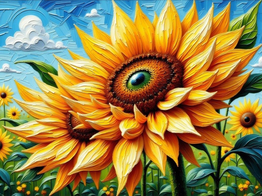 Ladybug on Sunflower in Impasto Style