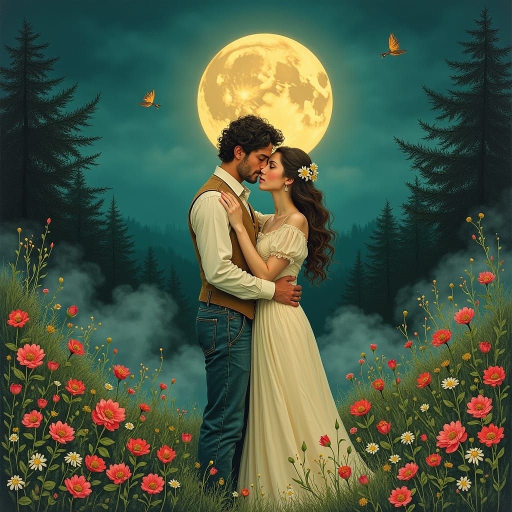 Romantic Embrace in Moonlit Garden